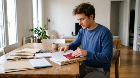 Un jeune adulte assis à une table trie des relevés de comptes et un livret d'épargne dans des dossiers, avec un carnet et une calculatrice, dans un appartement lumineux.